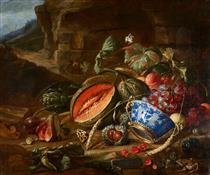 Stillleben mit Früchten, Wan-Li Schale und Froschpaar - Cornelis Jansz. de Heem