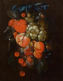 A festoon of fruits with a blue ribbon - Cornelis Jansz. de Heem