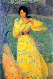 Young Girl with Peacock - Edmond Francois Aman-Jean