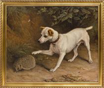 A dog poking a hedgehog - Frank Paton