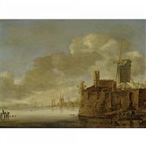 RIVER LANDSCAPE WITH A FORTIFIED TOWN, A WINDMILL ON THE RIGHT BANK, AND A ROWING BOAT WITH FIGURES IN THE FOREGROUND - Frans de Hulst
