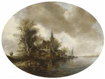 RIVER LANDSCAPE WITH CHURCH AND FERRY BOAT - Frans de Hulst