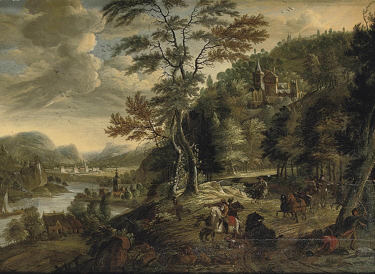 A mountainous river landscape with a cavalry skirmish - Gerrit Battem