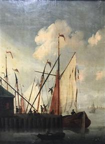 Sailing Vessels by a Harbour with a Figure Climbing the Mast - Gerrit Battem