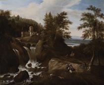 A Deer Hunt in a Wooded Landscape with a Waterfall - Gerrit Battem