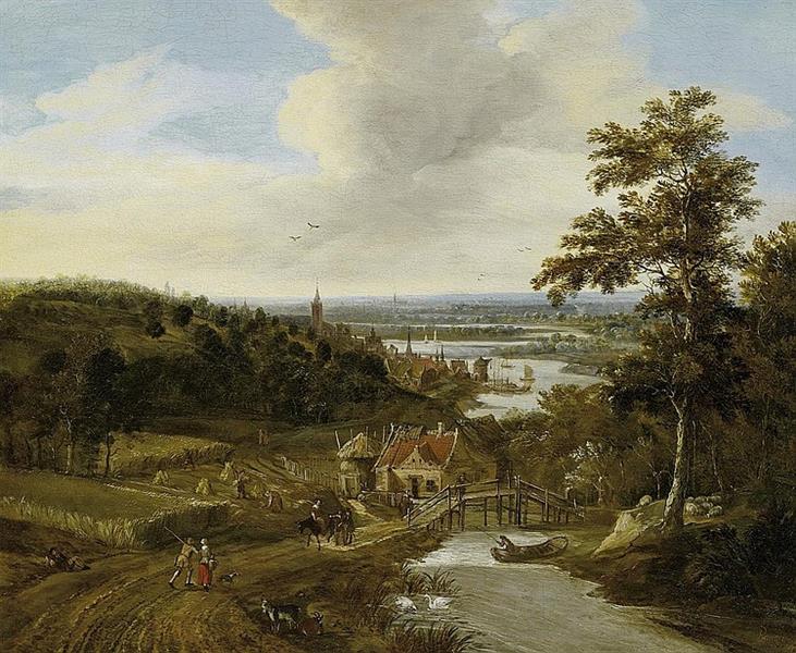 Wide riverscape with Farmers and Travellers - Gerrit Battem