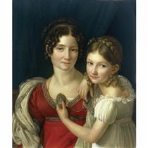PORTRAIT OF A MOTHER WITH HER DAUGHTER HOLDING UP A PORTRAIT MINIATURE IN HER LEFT HAND - Henri-Francois Riesener