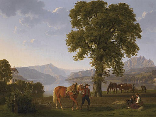 Pflügende Bauern am Vierwaldstättersee - Johann Jakob Biedermann