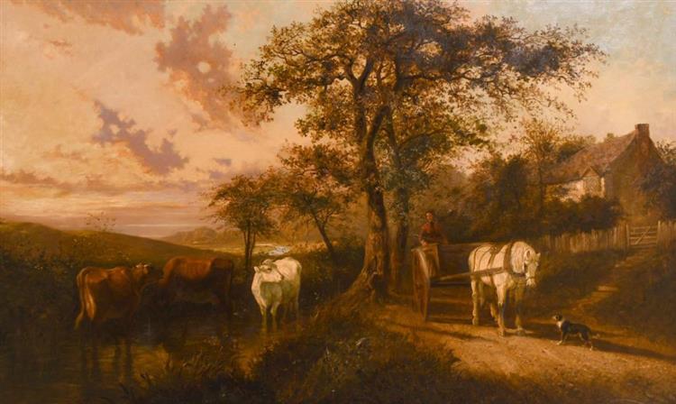 A lady on a horse on cart on a pathway by a cottage with cattle and a distant shoreline - Joseph Clark