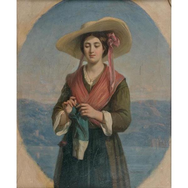 Jeune femme tricotant devant un lac dans un ovale peint - Jules Salles