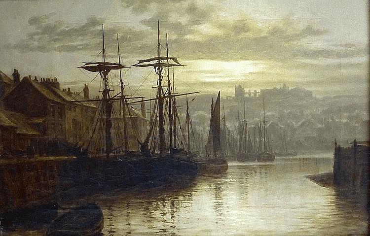 Dock End Whitby Harbour by Moonlight - Louis Hubbard Grimshaw