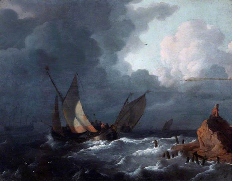 Ships off Shore in a Stormy Sea - Ludolf Backhuysen I