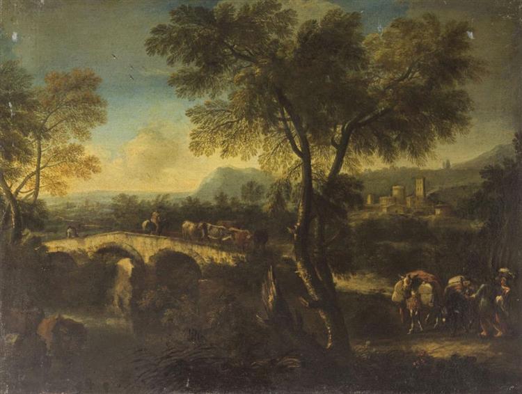 Paesaggio con ponte, cavalieri e armenti - Paolo Anesi