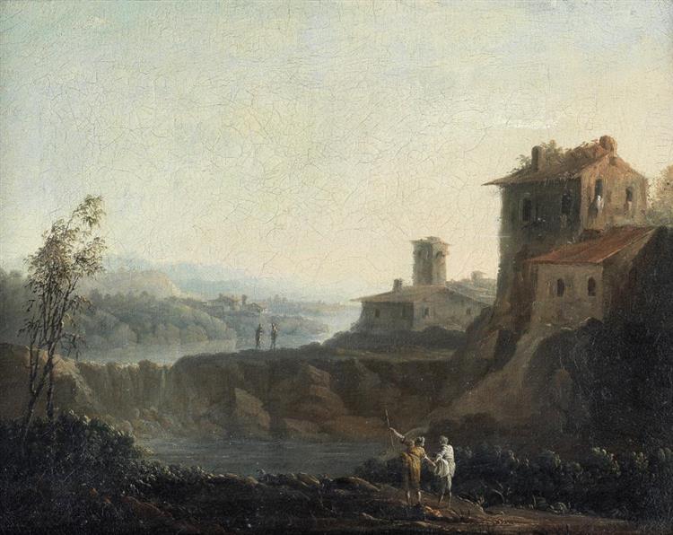 An extensive river landscape with figures on the bank in the foreground, a waterfall beyond - Paolo Anesi