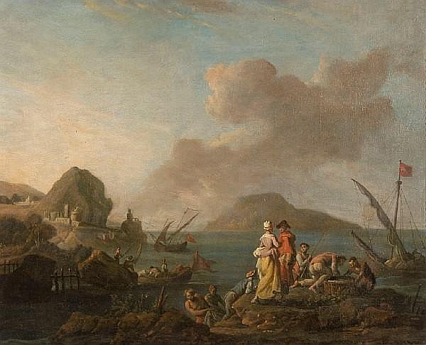 Harbour scene with boats and figures - Pierre-Jacques-Antoine Volaire
