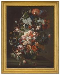 A carnation, roses, tulips, poppies, convolvuli and other flowers in a vase, with hovering butterflies, on a stone ledge - Simon Pietersz Verelst