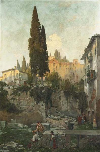 Visitors by Roman ruins at dusk - Theodor Groll
