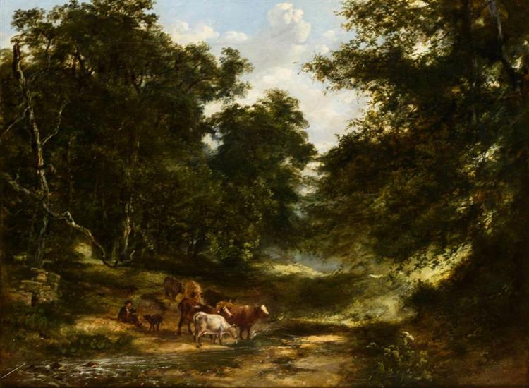 Cattle, sheep and a donkey with a herdman in a rocky wooded landscape - Thomas Barker of Bath