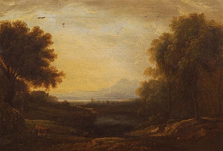 Italianate riverscape with figures in a boat and cows in the foreground - Thomas Barker of Bath