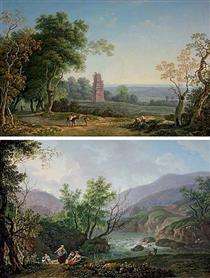 n Italianate landscape with peasants on a path, an ancient mausoleum beyond; and An Italianate river landscape with peasants seated on a bank - Carlo Labruzzi