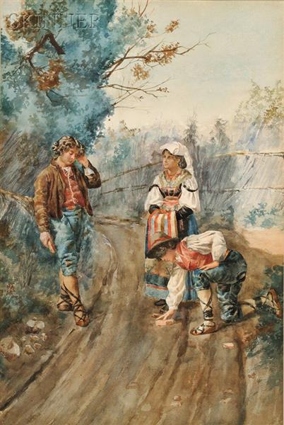 Peasants pausing on a country lane, 1881 - Enrico Nardi