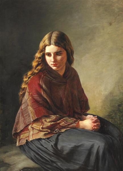 Seated girl with folded hands and a checkered shawl around her ...