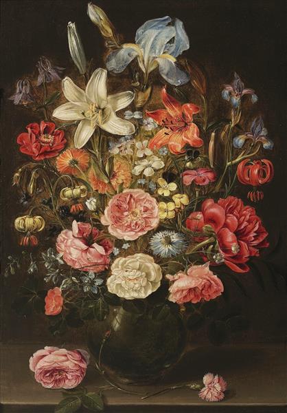 A Still Life of Lilies, Roses, Iris, Pansies, Columbine, Love in a Mist, Larkspur and Other Flowers in a Glass Vase on a Table Top, Flanked by a Rose and a Carnation, 1610 - Clara Peeters