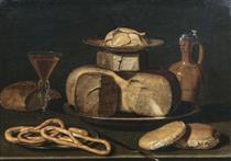 Still Life with Cheese, Jar, Pretzels, Bread and Wine - Клара Петерс