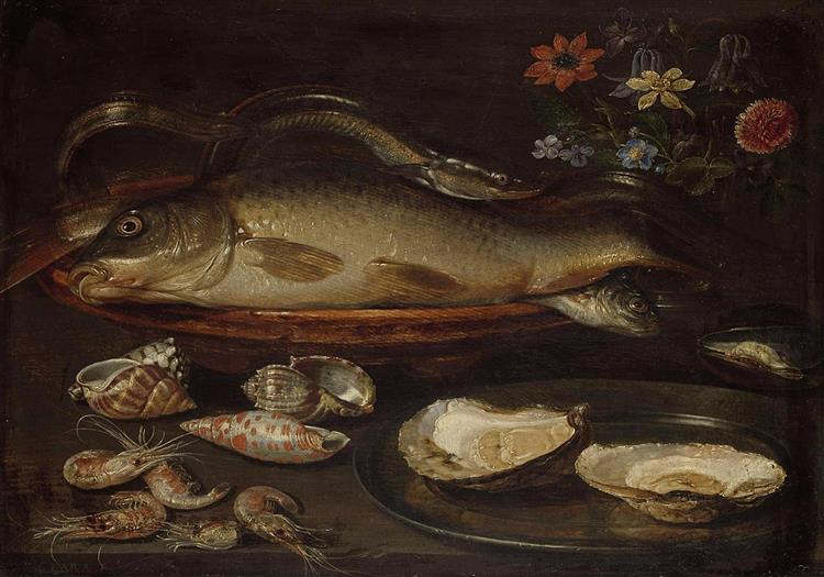 Still Life with Fish, Oysters and Shrimps, 1650 - Клара Петерс