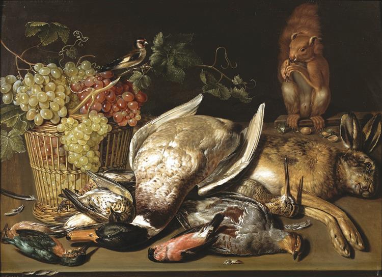 A Basket of Red and Green Grapes, a Goldfinch, Game and a Squirrel on a Wooden Table - Clara Peeters