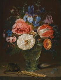A Still Life of Flowers in a Roemer with a Field Mouse and An Ear of Wheat - Clara Peeters