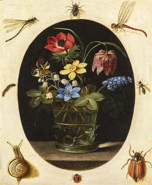 Still Life with Flowers in a Glass Vase Surrounded by Insects and a Snail - Clara Peeters