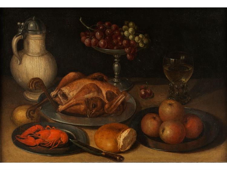 Still Life with Fried Chicken, Hummer, Pitcher and Grapes - Clara Peeters