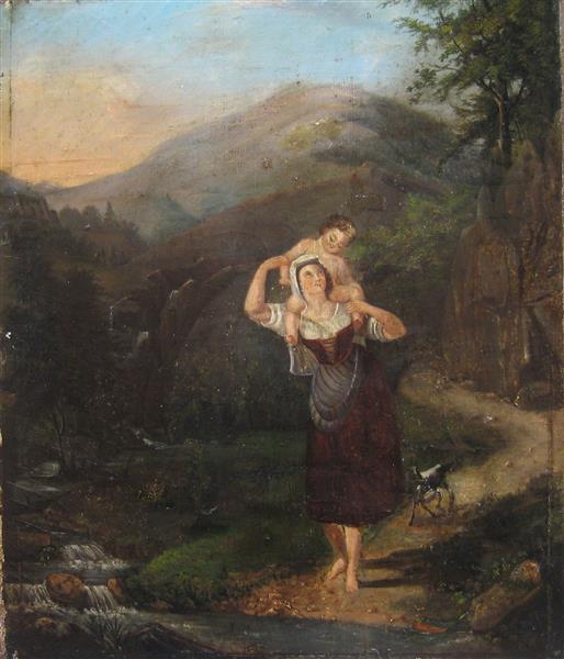 Mountain landscape with a woman and a child, 1840 - Томас Коул