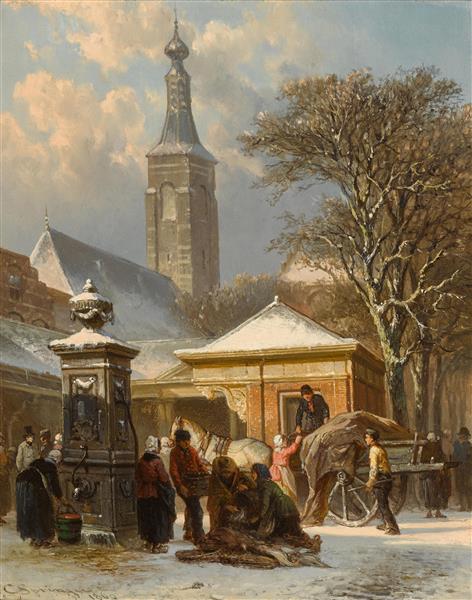 The fish market of Zaltbommel in winter, 1860 - Cornelis Springer