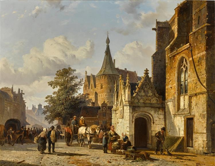 View of the Kerkplein in Alkmaar, 1851 - Cornelius Springer