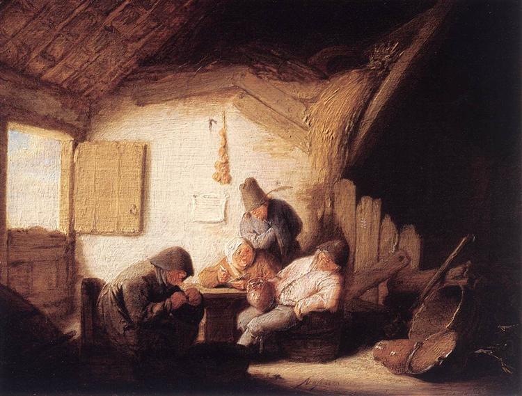 Village Tavern with Four Figures, 1635 - Адріан ван Остаде