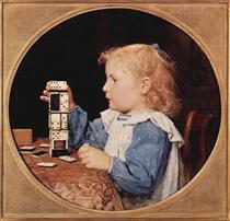 The girl with the dominoes, tondo - Albrecht Anker