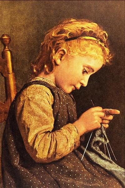 Little Girl Knitting - Альберт Анкер