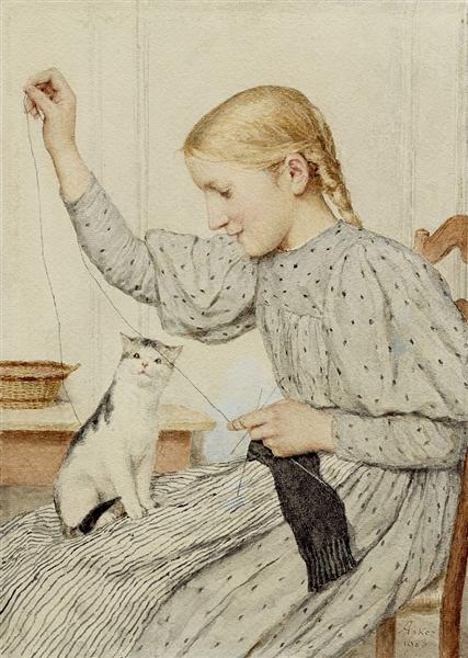 Sitting girl with a cat, 1903 - Albrecht Anker