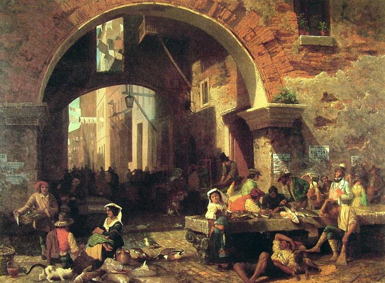 Marché au poisson romain. Arc d'Octave, 1858 - Albert Bierstadt