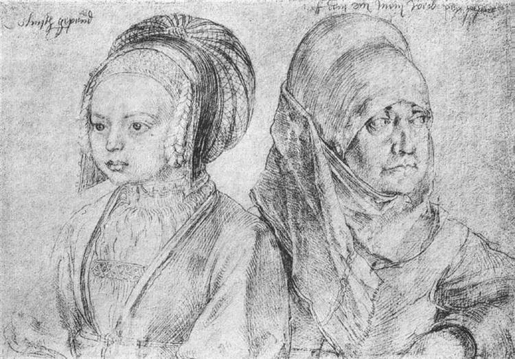 Девушка в кёльнском трахте и жена Дюрера, 1520 - Альбрехт Дюрер