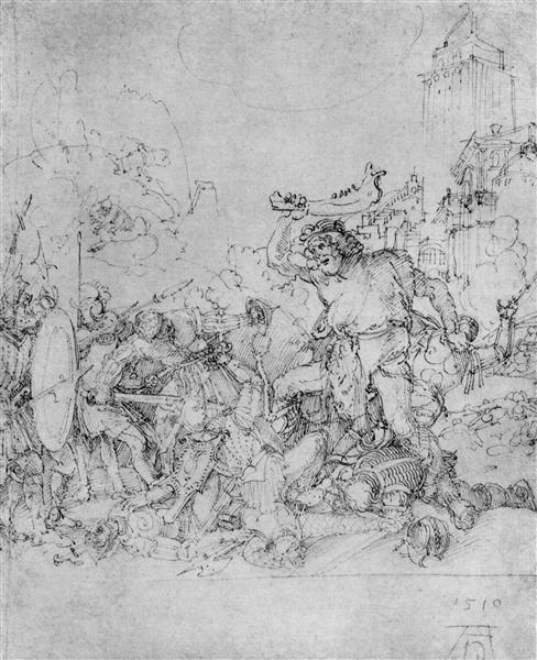 Design for the Fugger Chapel in Augsburg Samson fighting the Philistines, 1510 - Альбрехт Дюрер