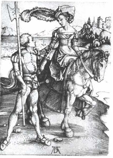 Noble woman at horses and Lansquenet, c.1497 - Альбрехт Дюрер