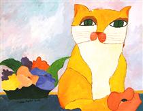 Yellow Cat and Flowers - Aldemir Martins