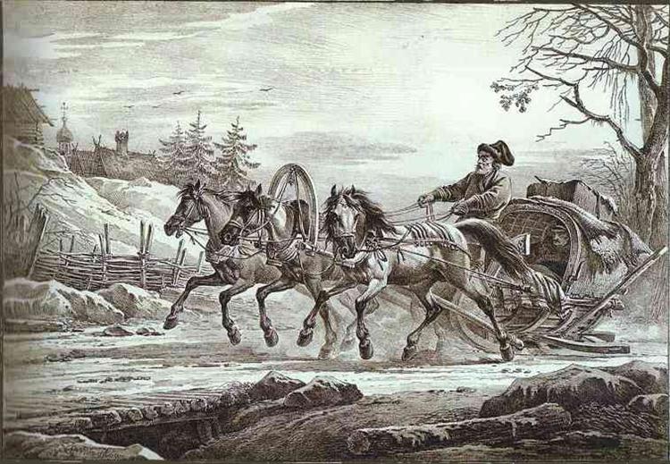 A Traveler in a Kibitka (Hooded Cart or Sledge), 1819 - Александр Орловский