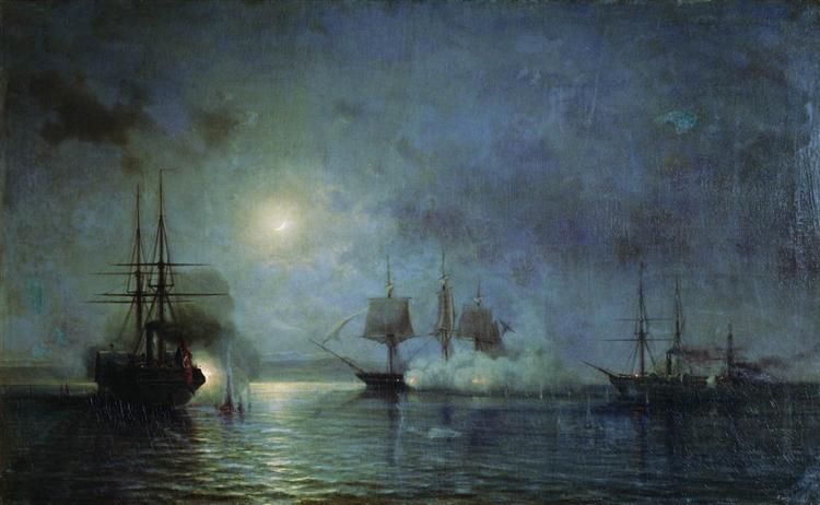 Turkish steamships attack 44 gun fregate Flora, 1857 - Alexey  Bogolyubov