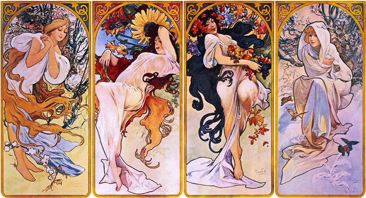 Cropped print of four panels each depicting one of the four seasons personified by a woman, 1897 - Alfons Maria Mucha