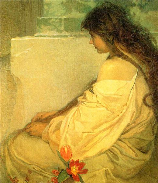 Girl with Loose Hair and Tulips, 1920 - 慕夏