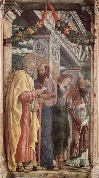 Altarpiece of San Zeno in Verona, left panel of St. Peter and St. Paul, St.John the Evangelist, St. Zeno, 1459 - Андреа Мантенья